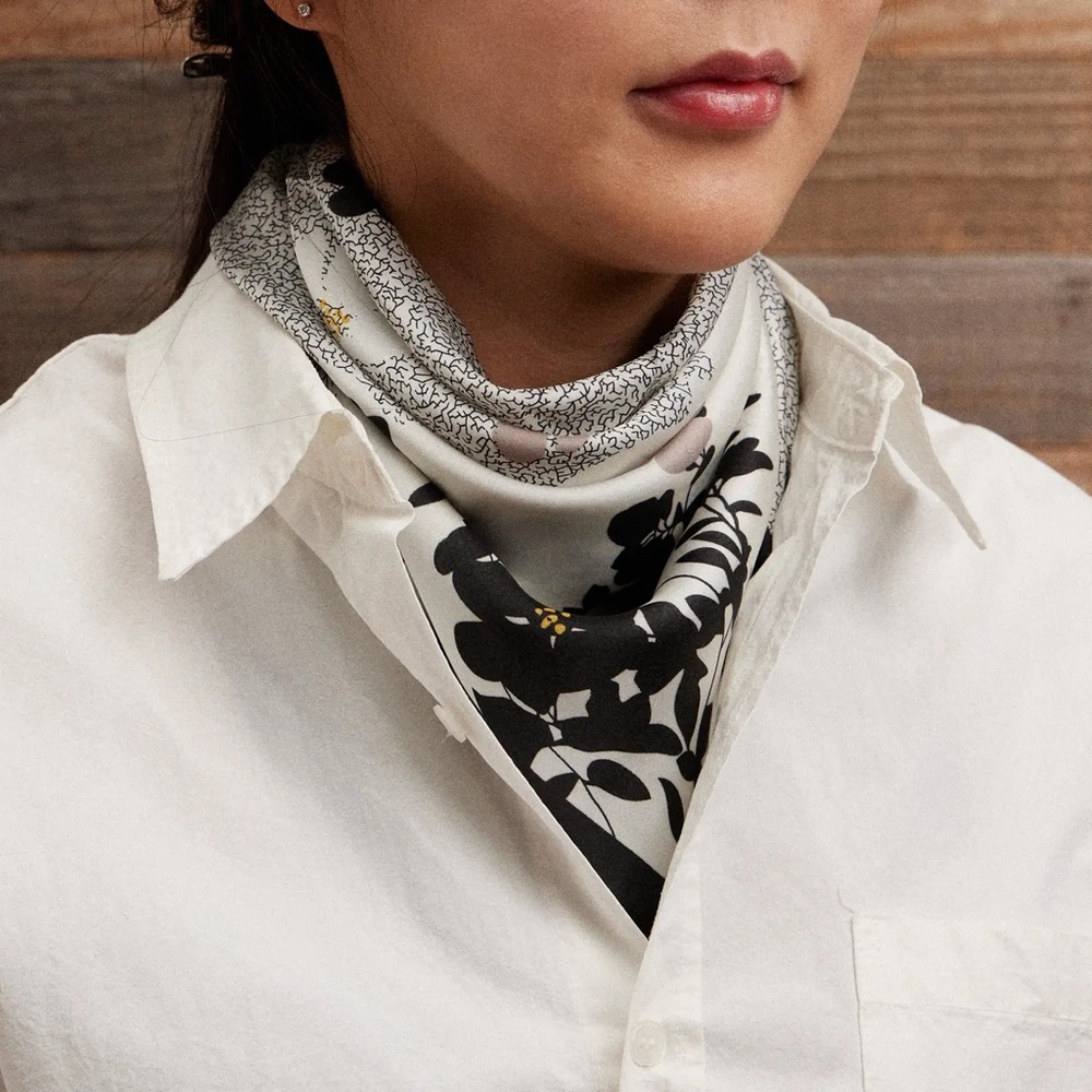 Silk Floral Bandana Scarf - Black and White